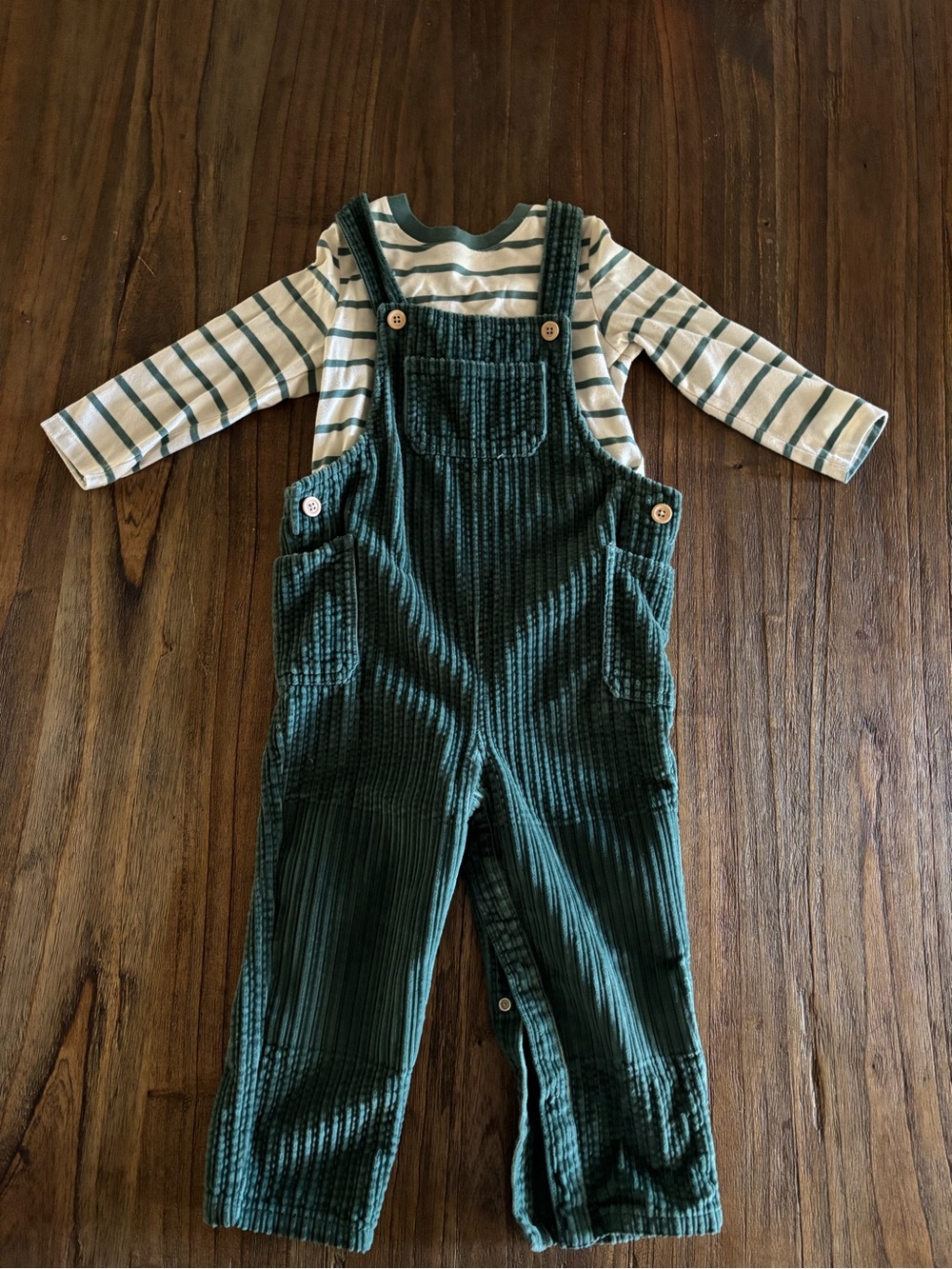 Dark Green Corduroy Kids Overalls with Striped Tee